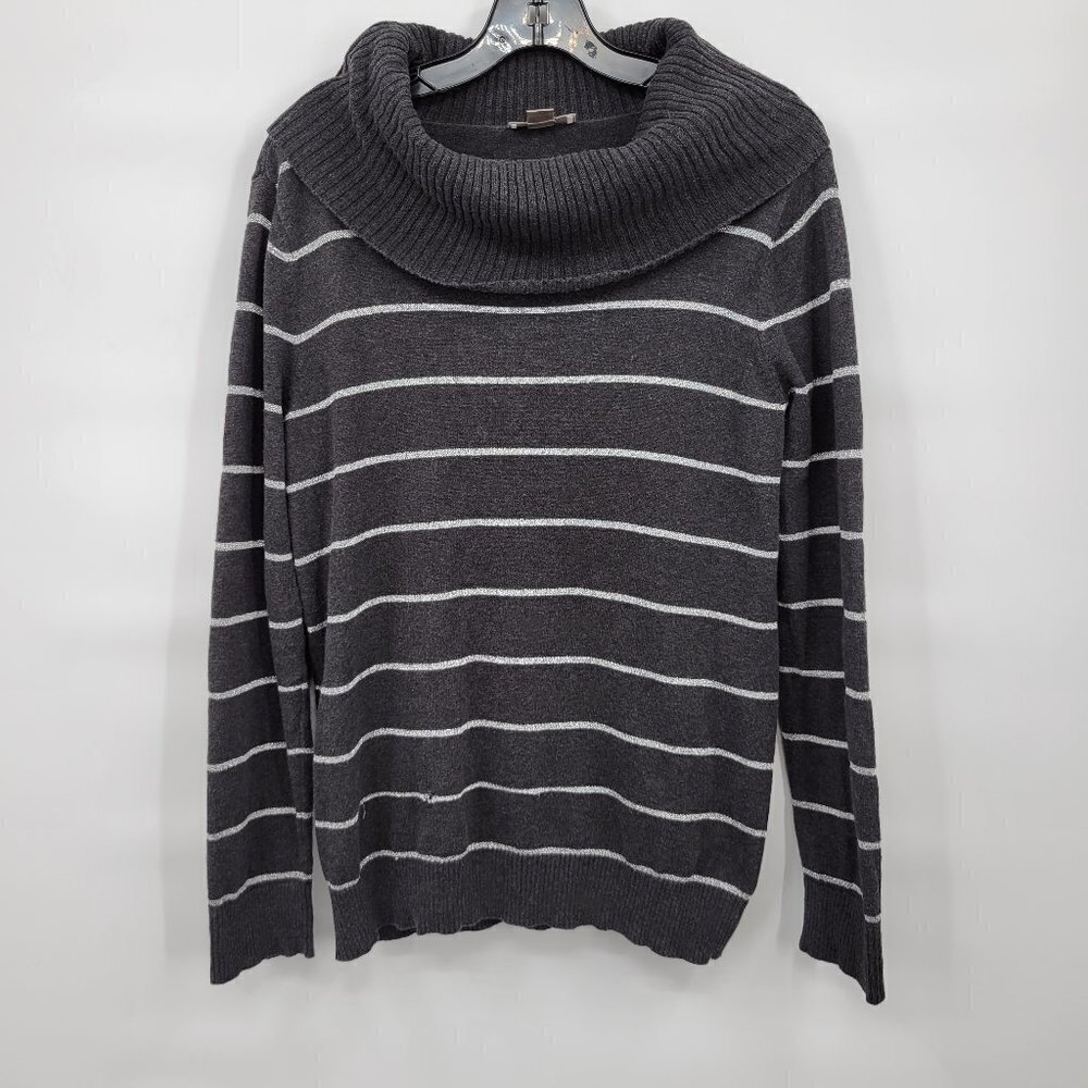 Loft Women Black Silver Stripe Cowl Neck Long Sleeve Sweater Top Size Large